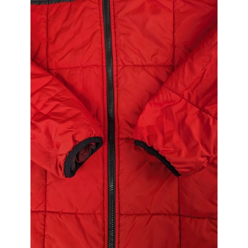 The North Face Reversible Quilted Puffer Jacket Red Black Plaid Hooded Boy's XL